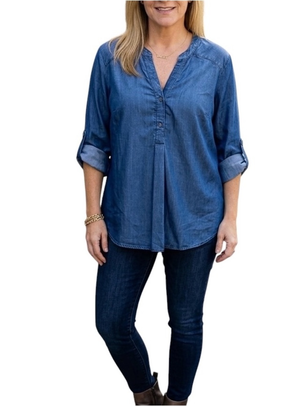 Susina Tencel Tunic Top Blue Size 0X Flowy Longer Back Legging Friendly